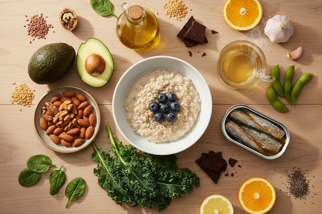 A flat lay of cholesterol-supporting foods including oats, avocado, nuts, berries, leafy greens, sardines, green tea, dark chocolate, garlic, citrus, edamame, seeds, and olive oil