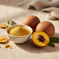 Organic lucuma powder in a ceramic bowl with fresh lucuma fruits on a wooden surface