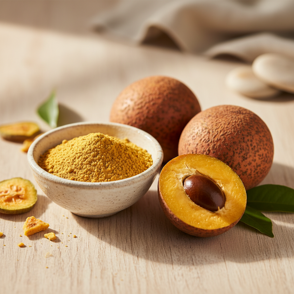Organic lucuma powder in a ceramic bowl with fresh lucuma fruits on a wooden surface