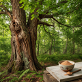 Slippery elm tree in a forest setting with a bowl of organic slippery elm bark powder on a wooden surface