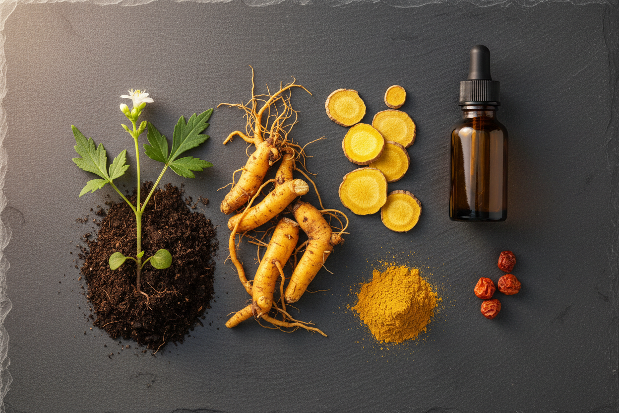 Goldenseal (Hydrastis canadensis) botanical flat lay featuring the plant with lobed leaves, fresh and dried knobbly yellow roots, sliced root pieces, golden root powder, and an amber dropper bottle on a dark slate surface