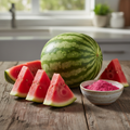 Fresh watermelon and sliced pieces with a bowl of vibrant pink organic watermelon powder on a wooden surface